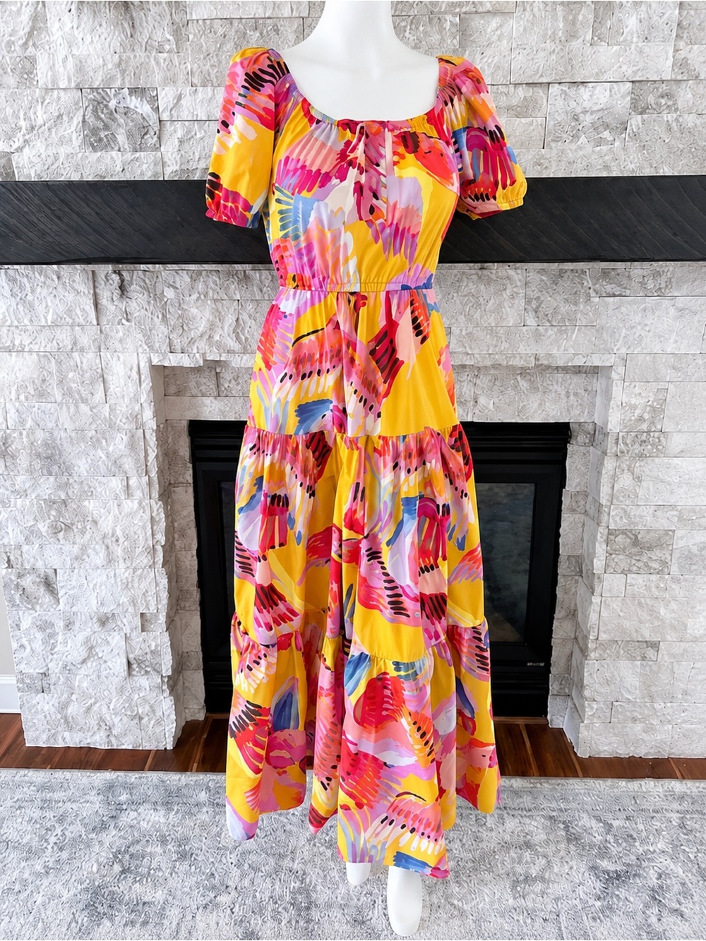 Farm Rio Yellow Tropical Bird Print Maxi Dress Puff Sleeve Tiered Boho S - Picture 2 of 9